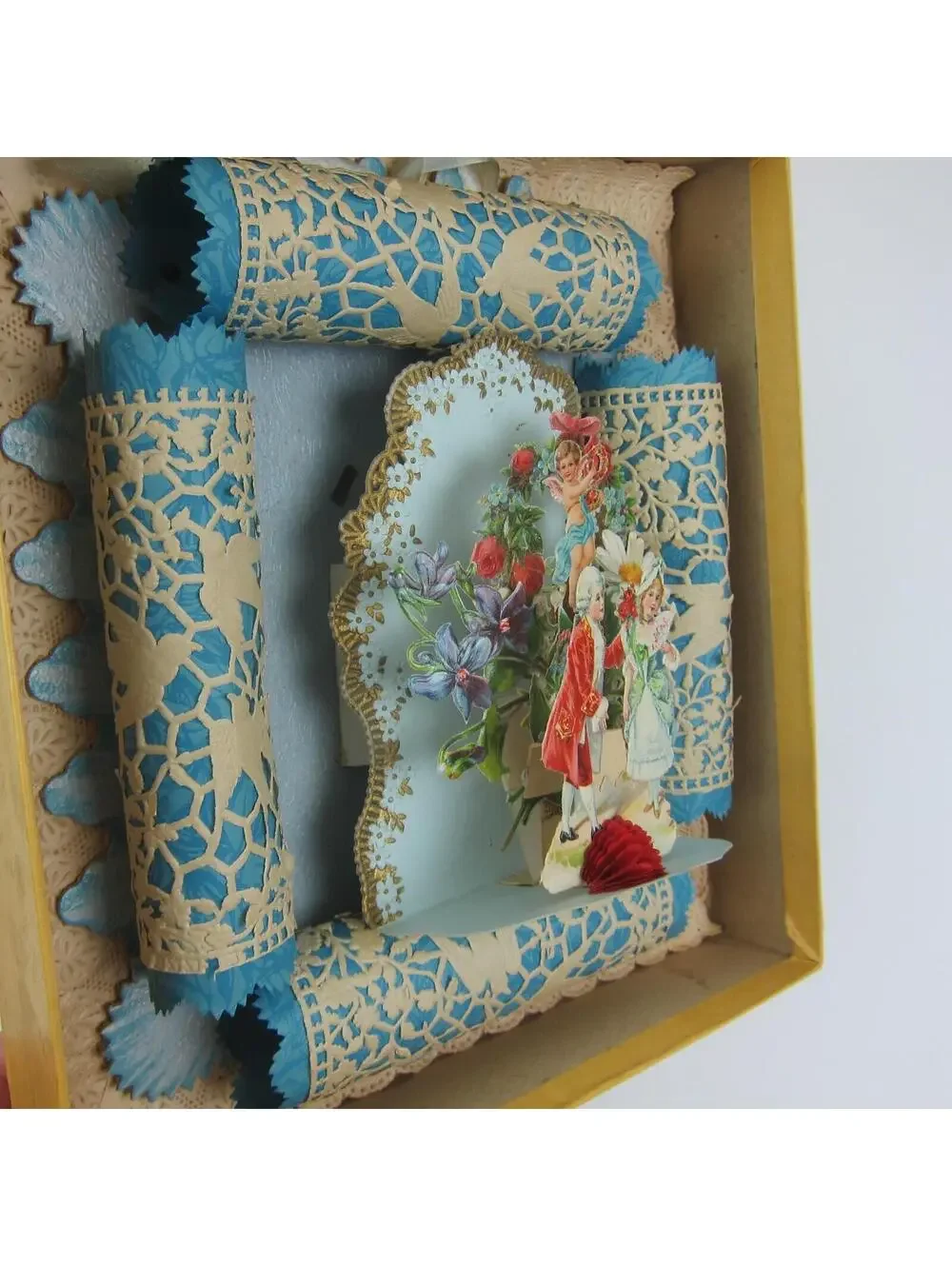 Antique Valentine 3D LARGE Store Box Cupid Boy Girl Blue Flowers Honeycomb RARE